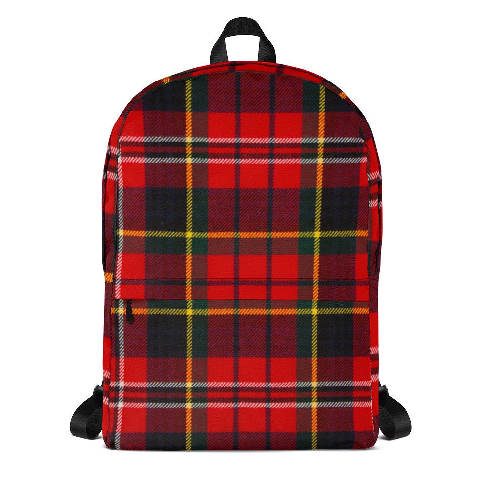 red tartan backpack