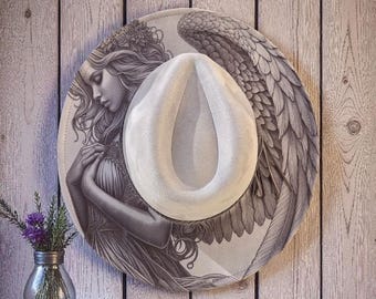 Vegan Suede Etched Wide Brimmed Rancher Cowboy Hat Angel
