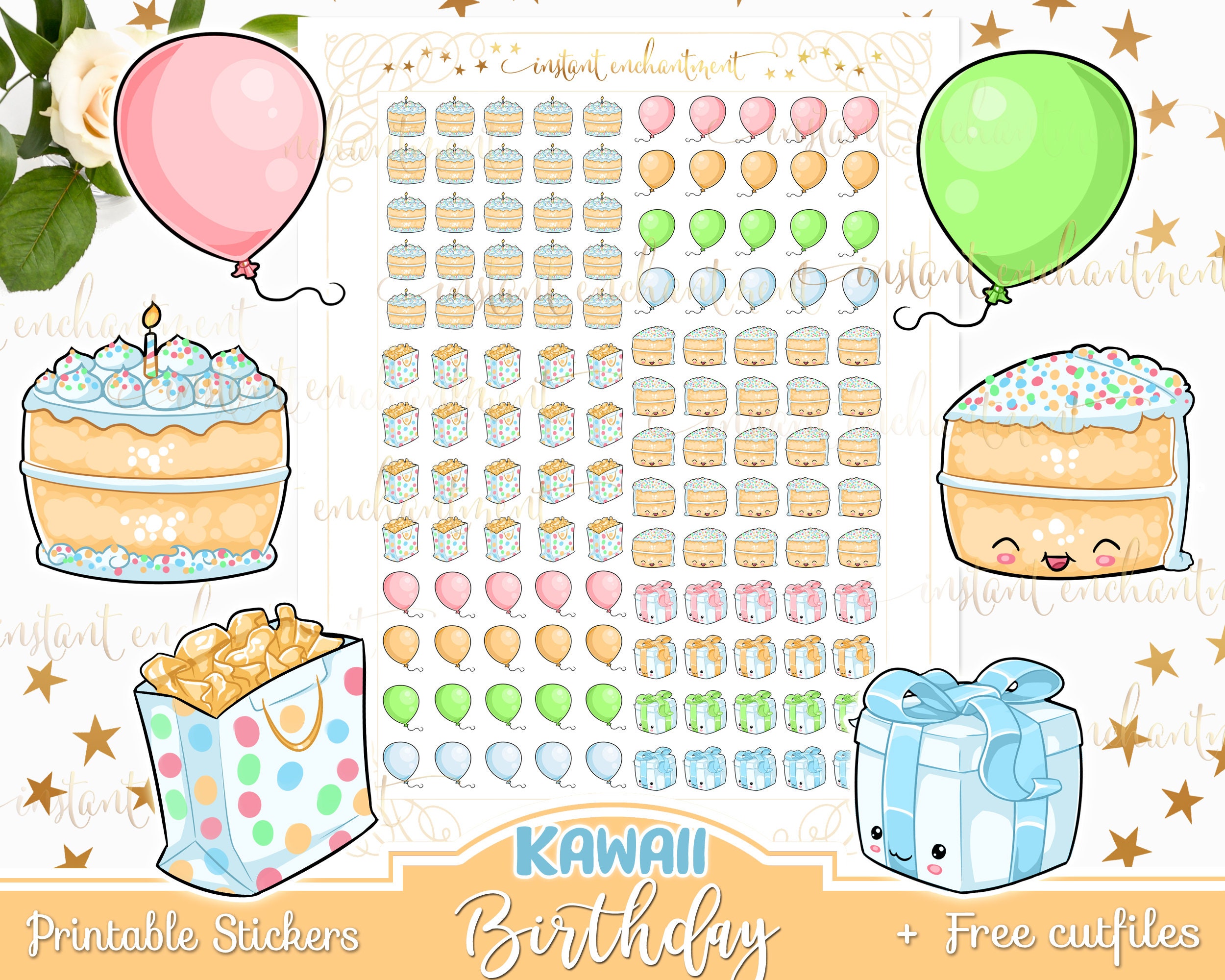 Kawaii Birthday Party Printable Stickers Free Cutfiles | Etsy