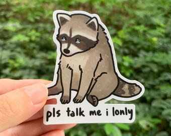 pls talk me i lonly raccoon meme sticker / sad raccoon sticker / trash panda sticker / crying raccoon sticker