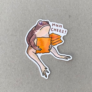 Puede incluir: Una rana de dibujos animados sosteniendo una pila de cuadrados de queso naranja con el texto "min cheez!" en blanco.