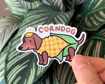 Corn dog dachshund pun sticker / dog / puppy / corn / food / joke / gag