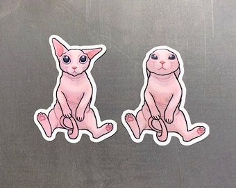 Puede incluir: Dos pegatinas de gato rosa sin pelo con ojos negros. Un gato está sentado con la cola enroscada alrededor de sus patas. El otro gato está sentado con la cola enroscada alrededor de su cuerpo.