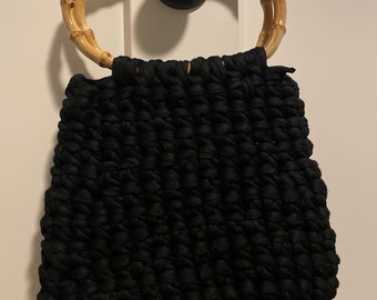 Large Crocheted Black Bag with Bamboo Handles