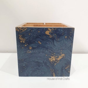 Decoupaged Bamboo Desk Organiser: Pen & Brush Holder Blue Marble Design