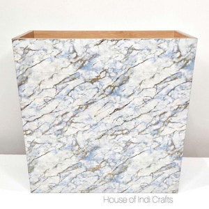Bamboo Waste Paper Bin, Tapered, Decoupaged, Light Grey Marble Design