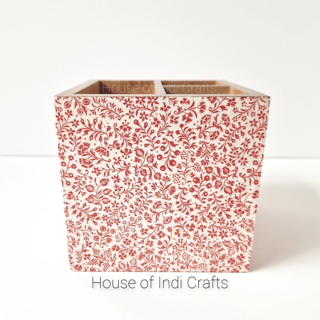 Decoupaged Bamboo Desk Organiser: Pen & Brush Holder Red Floral Design ...