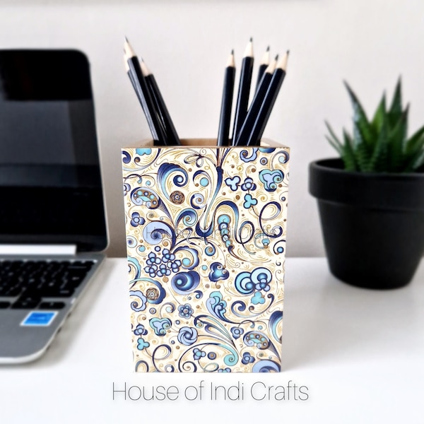 Wooden Pen Holder, Teacher Gifts, Pencil Pot, Make up brush Holder, Decoupaged Art Nouveau Blue Design