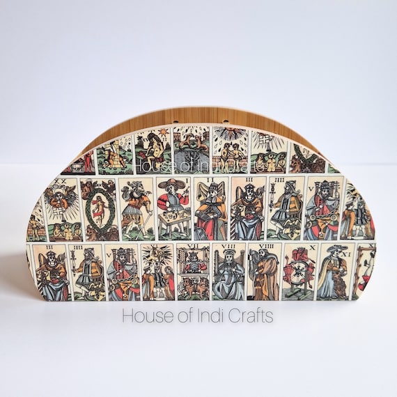 Bamboo Desk Organiser - Remote Control Holder - Pen Pot - Make Up Brush Tidy - Decoupaged Tarot Cards Design