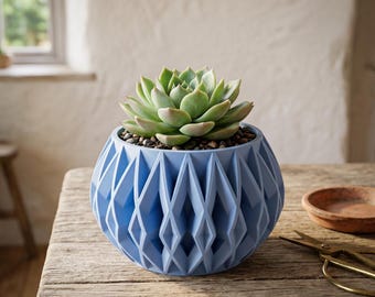 May include: A light blue, spherical planter with a geometric, diamond-patterned exterior. The pot contains a green succulent plant nestled in dark soil. The planter features a repeating, faceted design that creates a textured, three-dimensional surface.