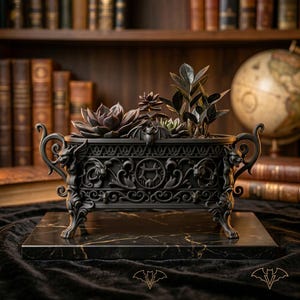 Puede incluir: Una maceta negra y ornamentada con un diseño gótico, con detalles de gárgolas y motivos de murciélagos. La maceta contiene varias suculentas y plantas pequeñas. Se encuentra sobre una base de mármol negro, con un fondo borroso de libros y un globo terráqueo.