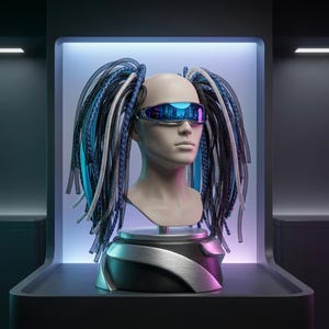 May include: A mannequin head featuring futuristic eyewear and long, braided hair in blue, silver, and black. The glasses reflect a cityscape. The head is displayed on a metallic stand with a black base, set against a neon-lit backdrop.