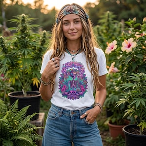 Psykedelisk skelett-själ-sublimerings-t-shirt – Boho Hippie Cosmic Art-t-shirt