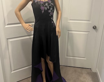 Handmade Hi Low Evening Gown, Black & Purple Flowers, Corset Top