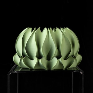 May include: A light green, decorative bowl with a unique, petal-like design. The bowl has a textured surface and sits on a clear, square stand against a black background. The bowl's design features a series of curved, pointed edges.