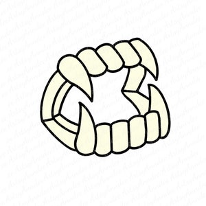 May include: A black and white illustration of a set of vampire fangs. The fangs are drawn in a cartoon style and have a light yellow fill.