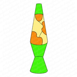 Könnte beinhalten: Illustration einer Lava-Lampe im Retro-Stil. Die Lampe hat einen grünen Sockel und eine grüne Oberseite mit einem gelb-orangenen Lava-Design im Inneren. Ein klassischer Dekorationsartikel, der oft für Ambiente und visuelles Interesse verwendet wird.