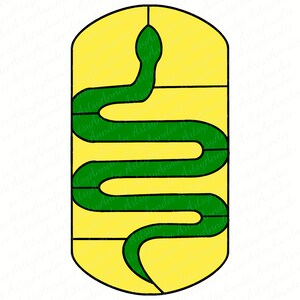May include: A green snake coiled around a yellow oval shape. The snake is outlined in black and the oval is outlined in black.