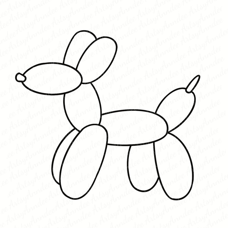 May include: A black and white line drawing of a dog made from balloons. The dog has a long snout, floppy ears, and a curled tail. The balloon dog is a whimsical illustration.