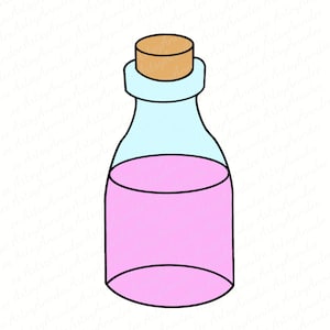 Può includere: Una bottiglia di vetro con un tappo di sughero piena di liquido rosa.