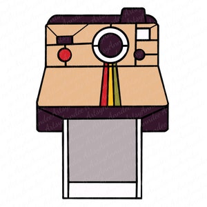 May include: A cartoon illustration of a vintage instant camera with a brown body, a black lens, and a purple frame. The camera has a gray film pack inserted and a red button on the top.