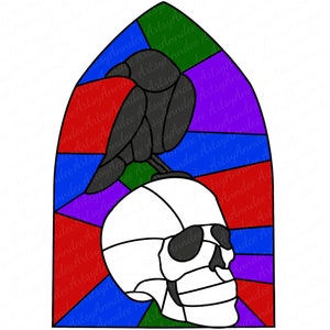 Motif corbeau et crâne en forme d&#39;arche gothique en verre
