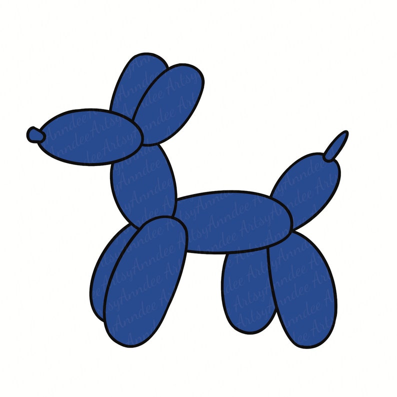 May include: A blue balloon dog illustration. The dog is made of connected balloon shapes, with a head, ears, body, legs, and a tail. The image has a white background and a black outline.