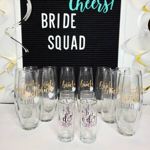 Bride Squad Gifts | Bridesmaids Gifts | Stemless Champagne Flute | Shot Glasses | Bridal Wedding Party Favors | Engagement