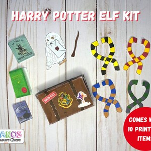 May include: A Harry Potter Elf Kit with 10 printable items, including a Hogwarts trunk, a book, a wand, a white owl, and four house scarves. The kit comes with instructions to make an elf doll.