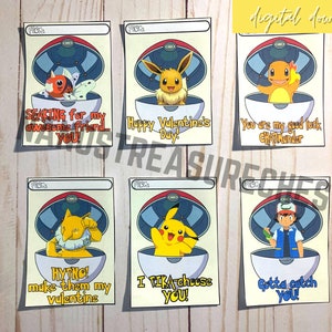 Puede incluir: Seis tarjetas de San Valent&iacute;n imprimibles con personajes de Pok&eacute;mon. Las tarjetas son amarillas con un borde blanco y presentan una Pok&eacute; Ball con un personaje de Pok&eacute;mon en su interior. El texto en las tarjetas incluye "SEAKING for my awesome friend... YOU!", "Happy Valentine's Day!", "You are my good luck CHARMander", "HYPNO! make them my valentine", "I PIKA choose YOU!" y "Gotta catch YOU!"
