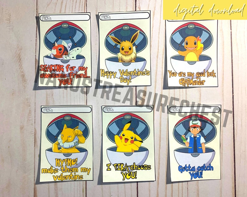 Puede incluir: Seis tarjetas de San Valent&iacute;n imprimibles con personajes de Pok&eacute;mon. Las tarjetas son amarillas con un borde blanco y presentan una Pok&eacute; Ball con un personaje de Pok&eacute;mon en su interior. El texto en las tarjetas incluye "SEAKING for my awesome friend... YOU!", "Happy Valentine's Day!", "You are my good luck CHARMander", "HYPNO! make them my valentine", "I PIKA choose YOU!" y "Gotta catch YOU!"