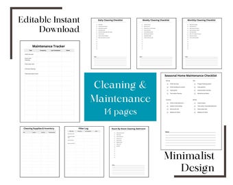 Könnte beinhalten: Eine Sammlung druckbarer Checklisten für Reinigung und Wartung. Enthält einen Wartungstracker, ein Inventar für Reinigungsmittel und ein Filterprotokoll. Minimalistisches Design mit dem Text "Editable Instant Download".