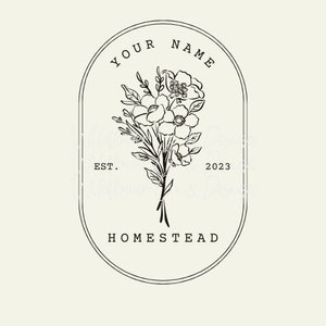 May include: Black and white logo design with a floral bouquet and the text "YOUR NAME EST. 2023 HOMESTEAD" in a circular frame.