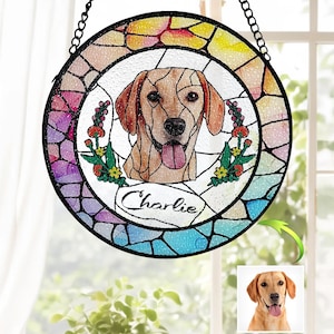 Custom Pet Portrait Stained Glass Suncatcher, Stained Glass Dog Memorial, Custom Cat Portrait from Photo, Sympathy Gifts, Stained Glass Dog