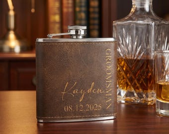 Personalized Leather Hip Flask, Custom Engraved Groomsman & Father's Day Gift, Best Man Flask, Wedding Bachelor Party Favor