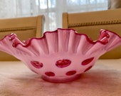 Fenton cranberry opalescent coin dot 10-inch ruffled bowl