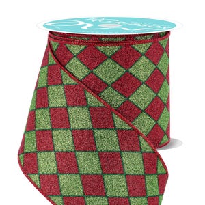 Red, Lime & Emerald Green Harlequin Check Wired Ribbon by RG Ribbon – 4.0&quot; x 10 Yards, Holiday Wreath Ribbon, Craft Supplies