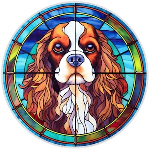 10” Blue Cavalier King Charles Spaniel Stained Glass Look Sign, Metal Wreath Sign, Home Decor