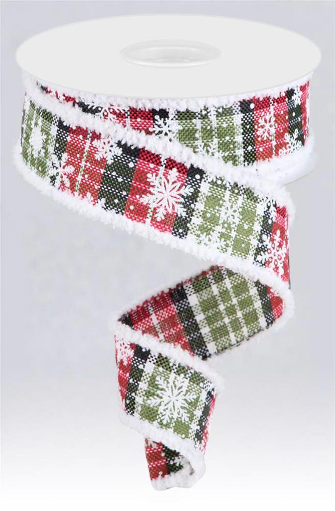 Snowflake Plaid Drift Edge Green and Red Wired Ribbon by RG Ribbon – 1. ...