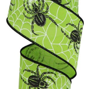 Black Spider & Webs on Lime Green Background Wired Ribbon by RG Ribbon – 2.5&quot; x 10 Yards, Halloween Wreath Ribbon, Craft Supplies