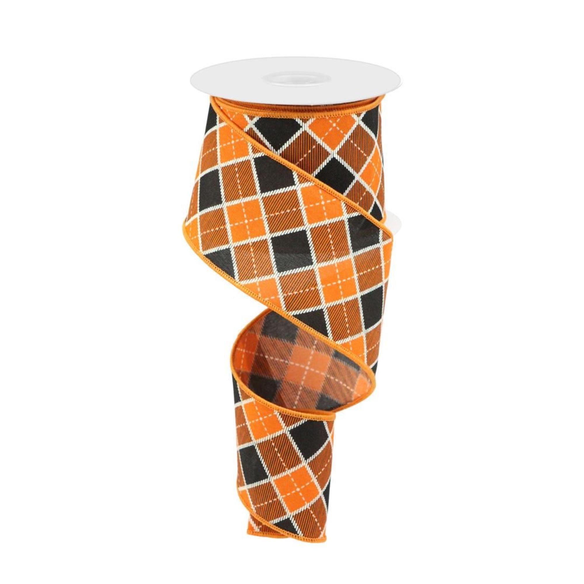 Diagonal Check Pattern Orange and Black Wired Ribbon by RG Ribbon 2.5 ...