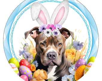 May include: A brown and white pit bull terrier wearing a flower crown and bunny ears. The dog is surrounded by colorful Easter eggs and spring flowers.