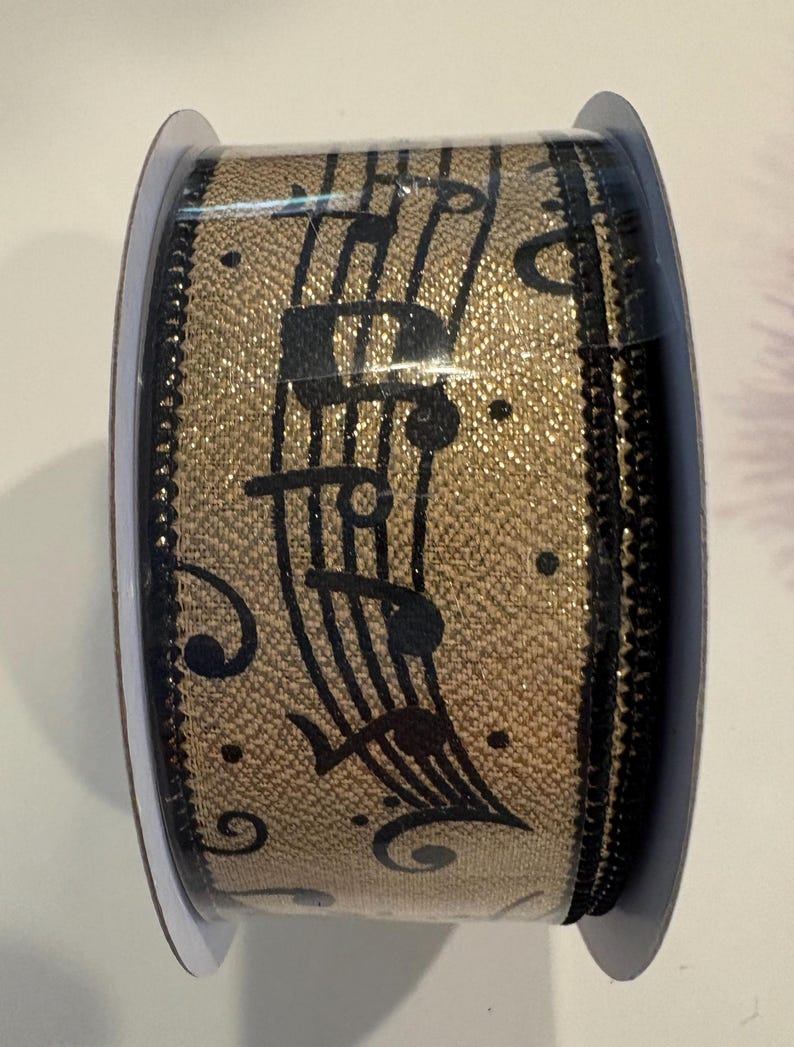 Wide Music Note Ribbon Music Notes on Gold Metallic Wired Ribbon by RG Ribbon – 1.5