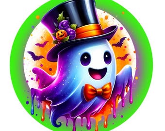 10" Vibrant Top Hat Ghost Halloween Sign, Wreath Sign, DIY Wreath Maker Sign, Metal Sign, Home Decor