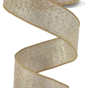 May include: A roll of decorative ribbon with a woven texture. The ribbon is a light beige color with gold accents and a gold trim. The ribbon is unrolled in a spiral shape, showcasing its texture and design. Perfect for crafts and gift wrapping.