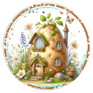 May include: A whimsical illustration of a small house shaped like a potato with a brown door, windows, and a green roof. The house is surrounded by flowers and a butterfly.