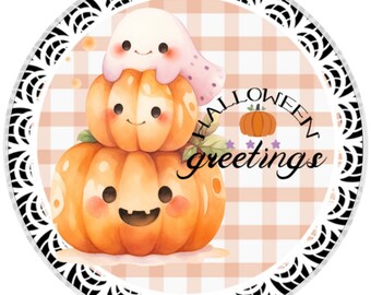 10” Halloween Greetings Ghost Pumpkin Sign, Metal Wreath Sign, Home Decor