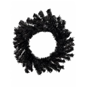 May include: A circular wreath constructed from dense, solid black artificial pine needles. The foliage is arranged in a full, radial pattern, creating a thick and uniform ring shape with a hollow center, featuring a consistent dark matte finish.