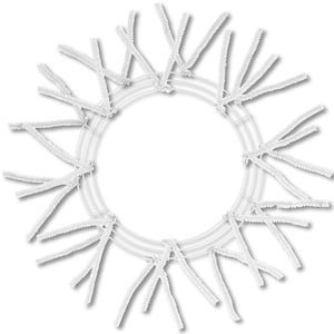May include: A white wreath base with a circular design. The wreath is adorned with white, fuzzy pipe cleaners radiating outwards from the center, creating a starburst effect. Ideal for crafting seasonal decorations.