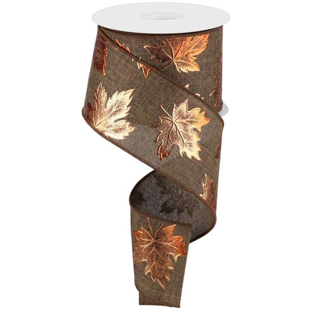 Maple Ribbon Coord Foil Maple Leaf on Royal Brown Wired Ribbon by RG Ribbon – 2.5